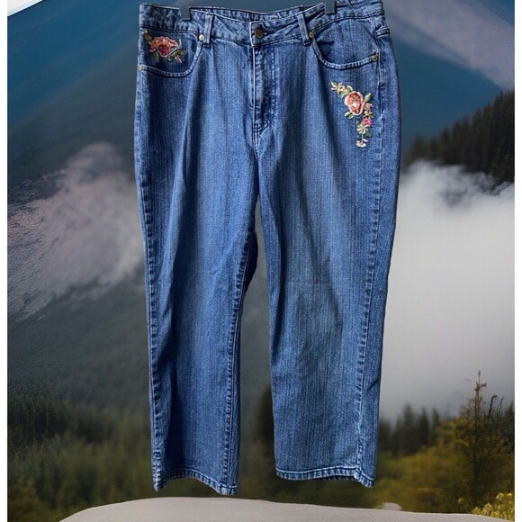 Kikit Capri Jeans Womens 12 Blue Denim Embroidered Embellished Boho Peasant - Picture 1 of 10